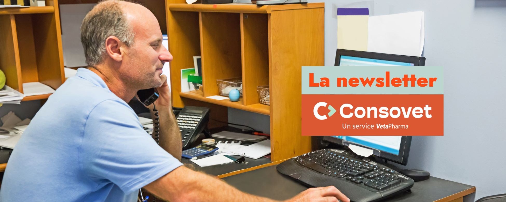 Vétérinaire devant unn ordinateur avec texte : La newsletter Consovet